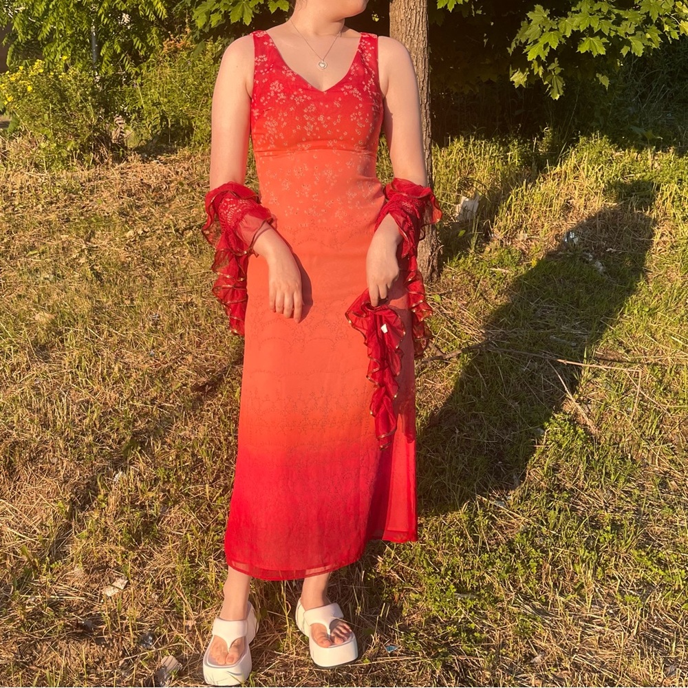 Vintage Orange-Pink Ombré Fitted Maxi Dress
